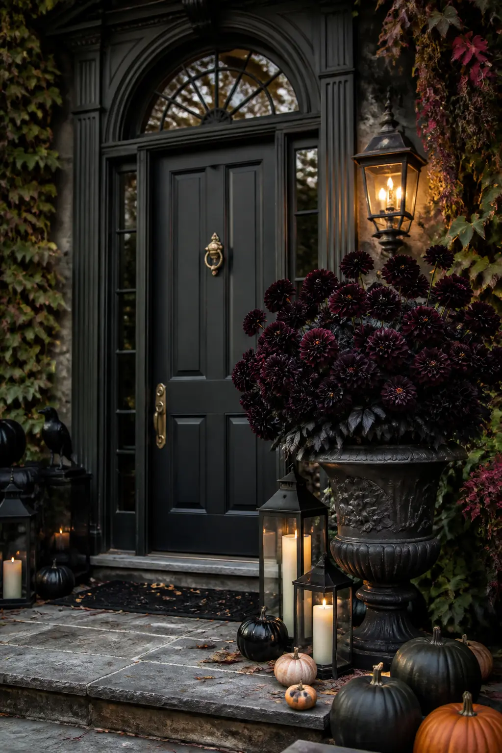 Dark Dahlias in an Urn Beside the Door