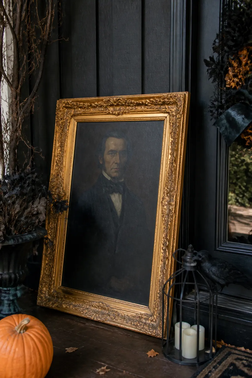 Empty Frame Leaned Against the Wall With a Dark Portrait