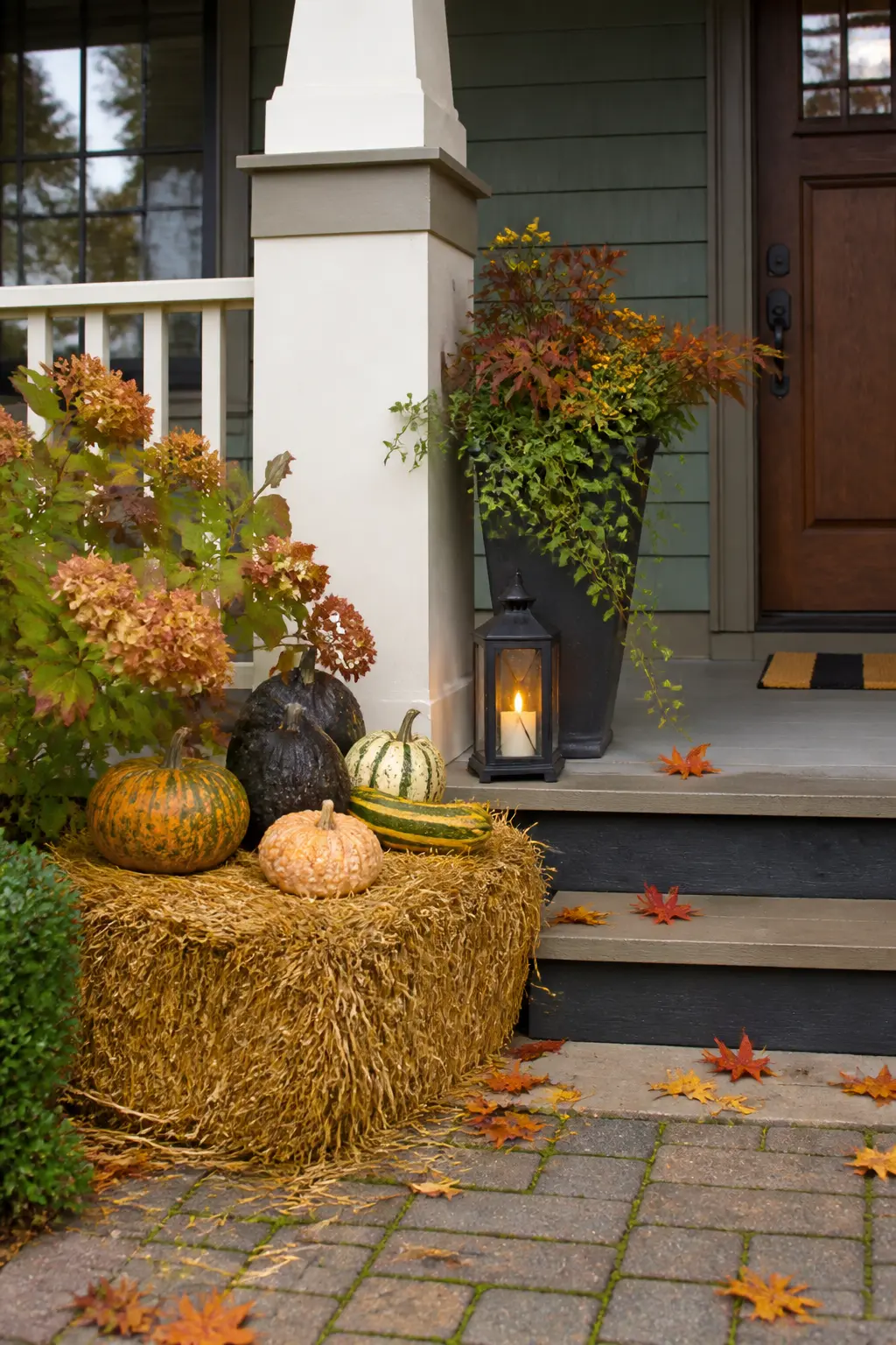 Hay Bale With Gourds Beside the Steps