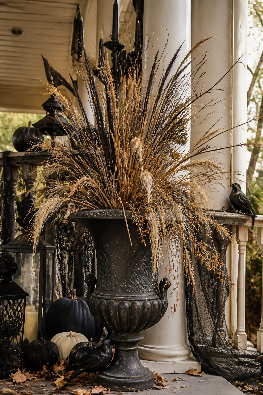 Iron Urn Planted With Dead-Looking Grasses