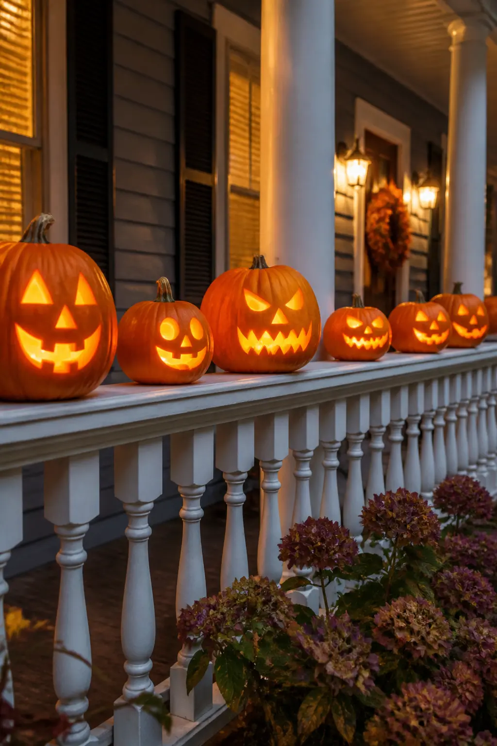 Lit Jack-o-Lanterns Lined Along the Railing Top
