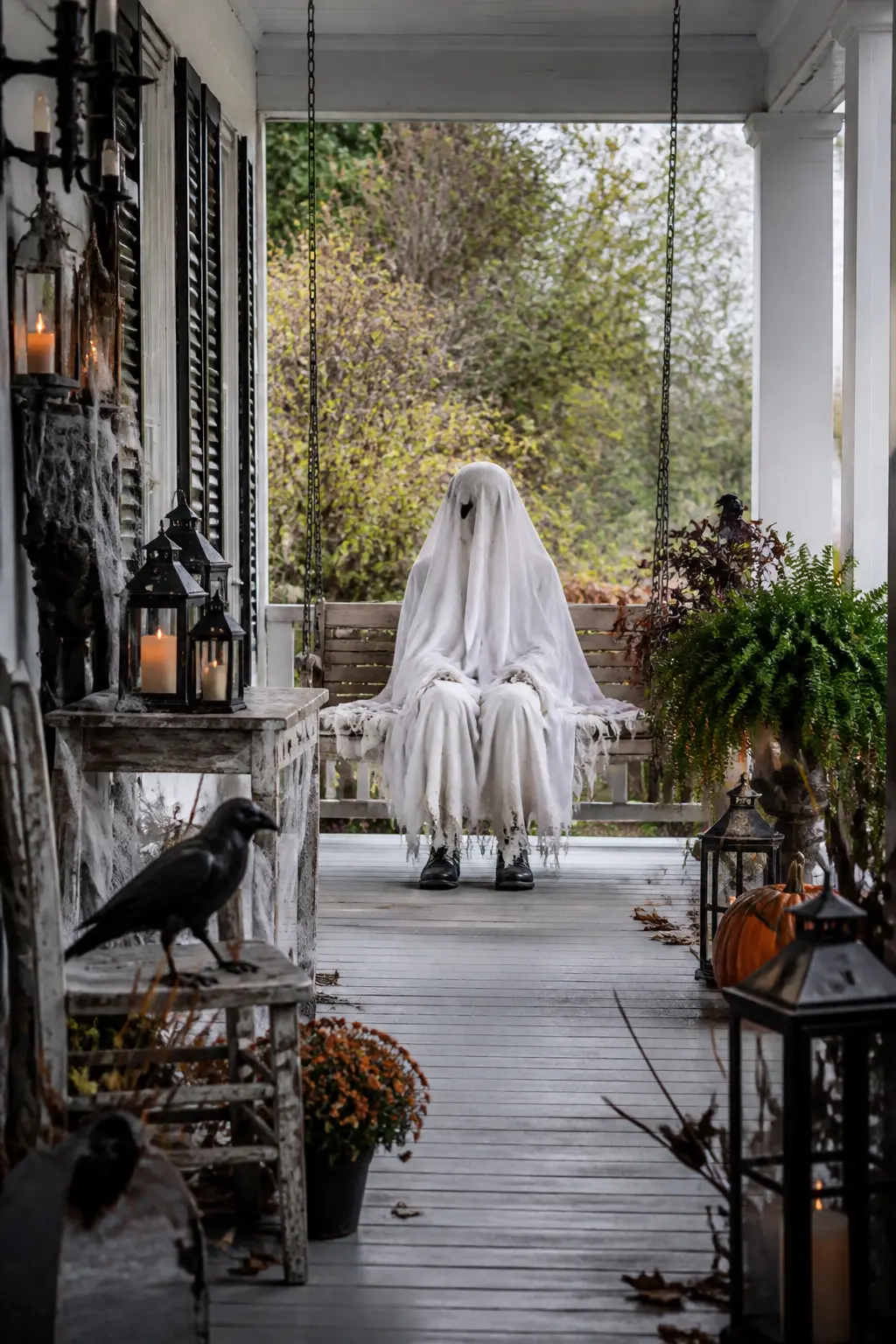 Porch Swing Draped in a Torn White Sheet