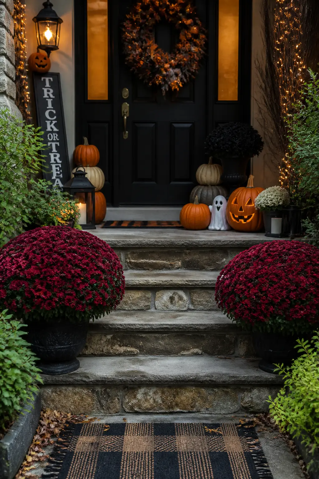 Potted Mums Flanking the Steps in Deep Wine