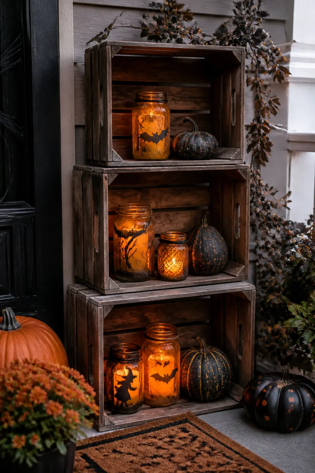 Wooden Crate Stack Holding Lit Jars