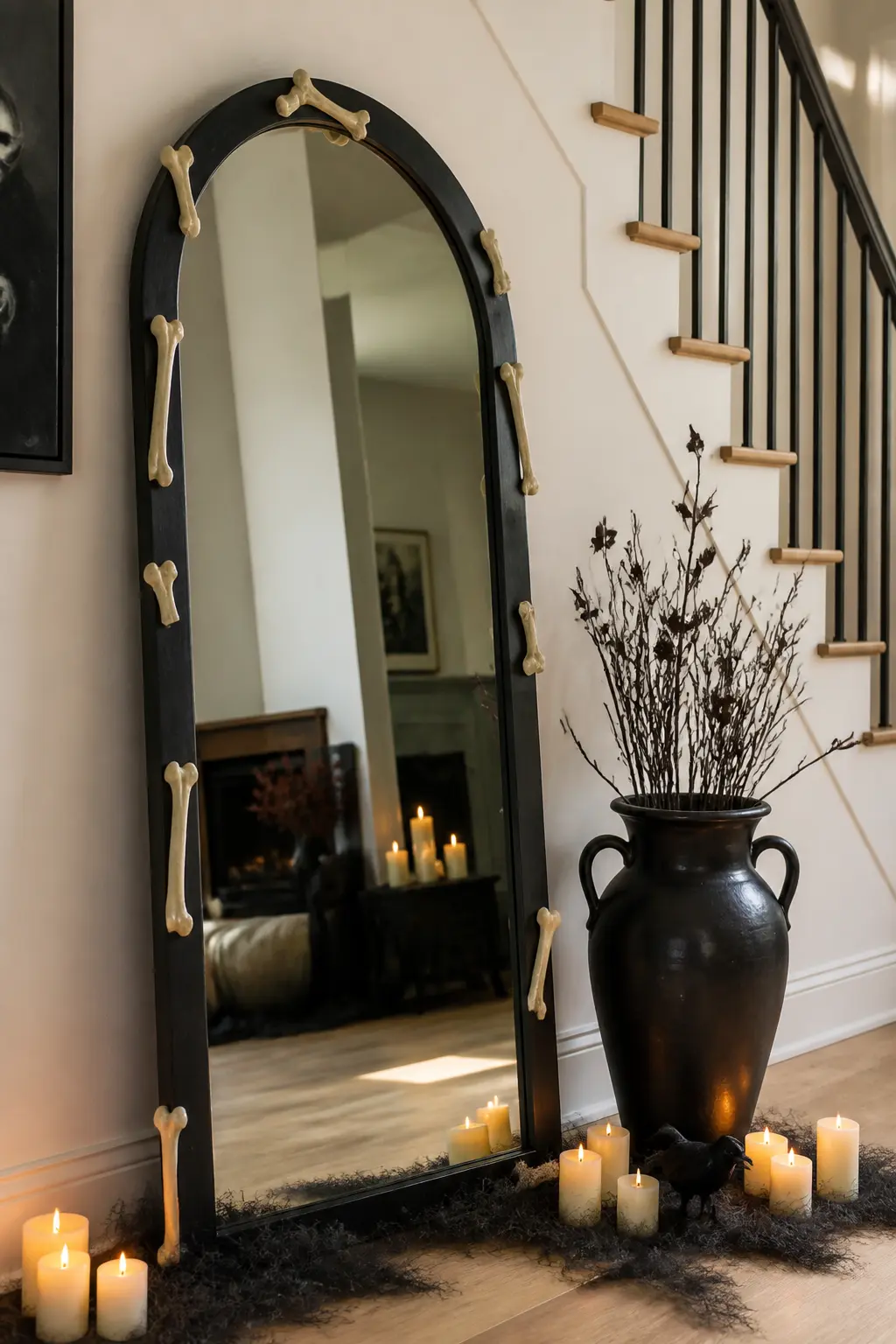 Arched Mirror with Bone Frame — Lean a tall arched mirror against the wall at the base of the stairs. Halloween staircase decorations