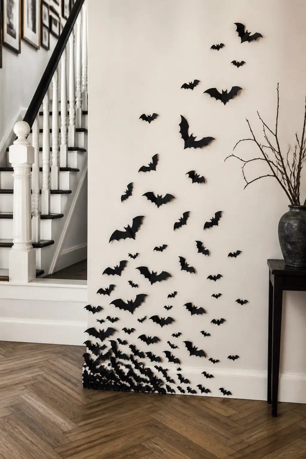 Bat Silhouette Wall Swarm — Cut fifty to eighty bat shapes from black cardstock, varying the size from palm-sized down to thumb-nail. Halloween staircase