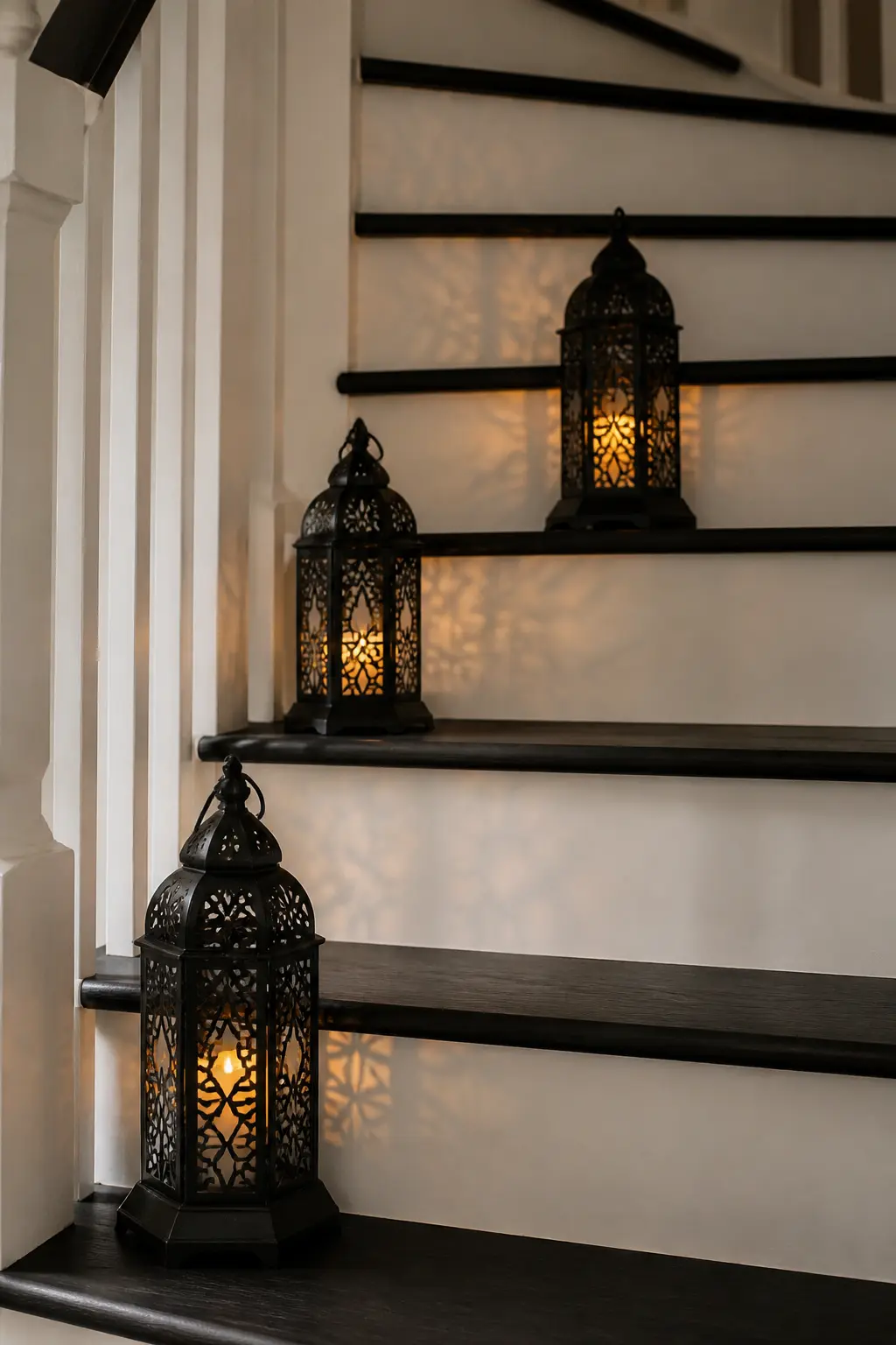 Black Iron Lantern Stair Risers — Place a black iron lantern on every third step, centred on the tread against the riser, with a flameless tea light inside.