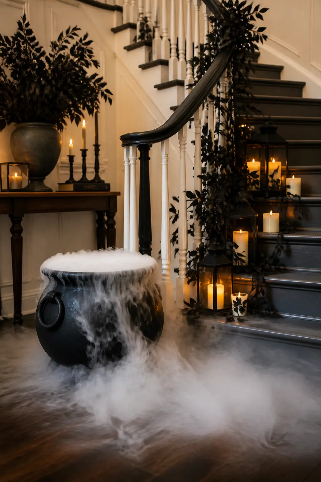 Cauldron with Dry Ice Fog at the Base — Set a black cast-iron or cast-resin cauldron at the foot of the stairs. Halloween staircase decorations
