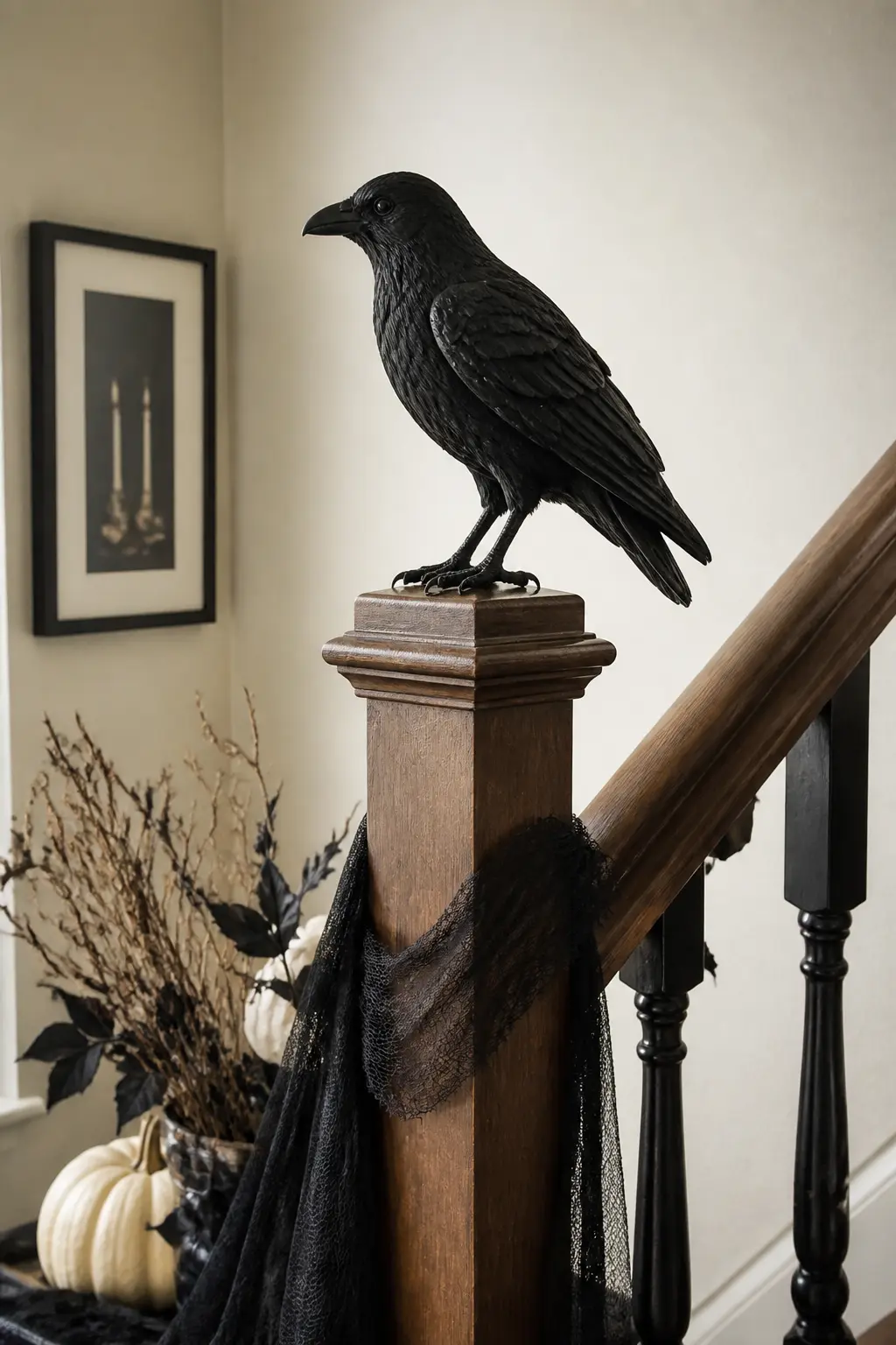 Crow Perch on Banister Post — Perch a large matte black artificial crow on the top post of the banister or on the post at the landing turn. Halloween staircase