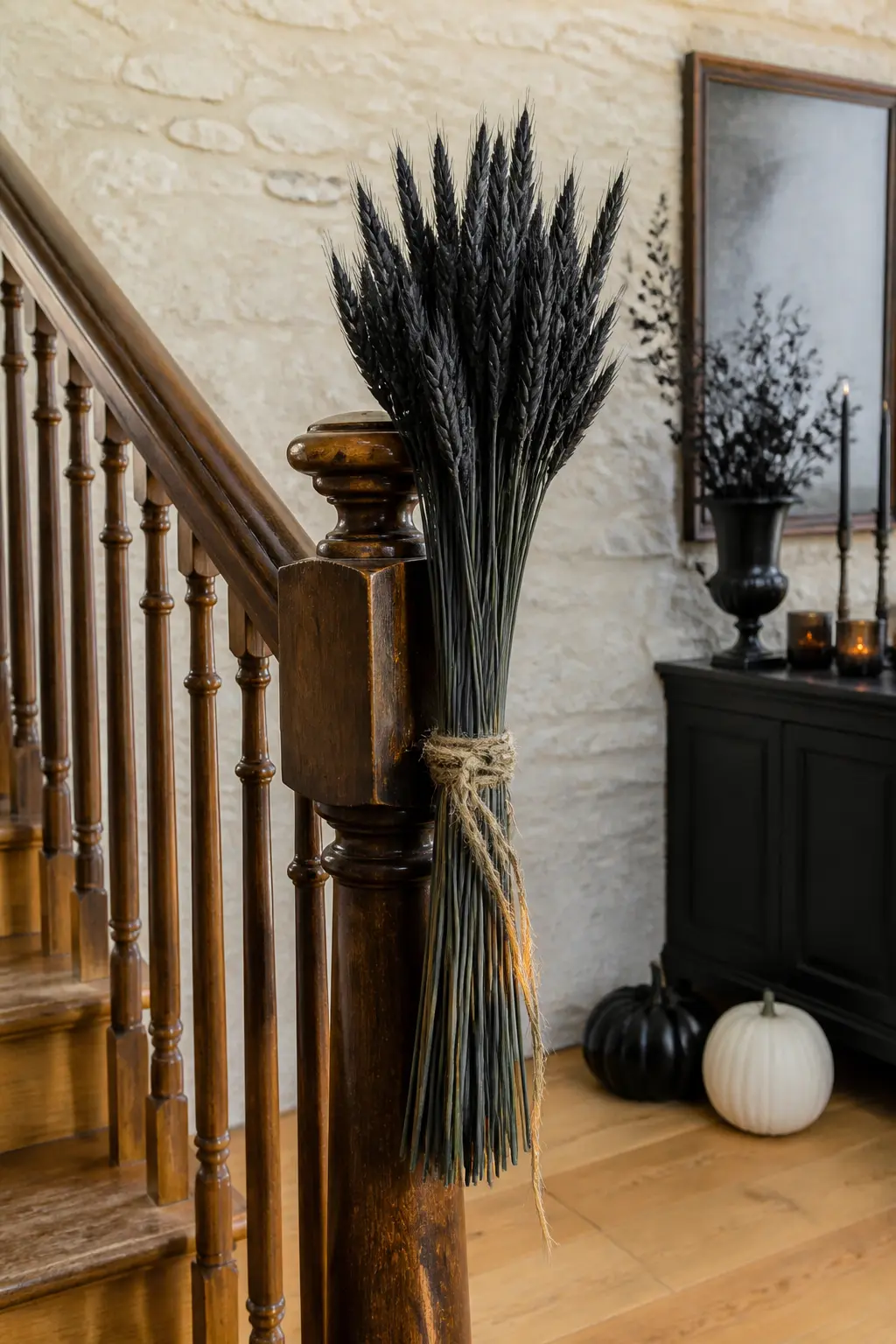 Dried Black Wheat Sheaf Newel Wrap — Gather a bundle of dried black wheat or dyed black millet and tie it to the newel post with a wide strip of raw linen or