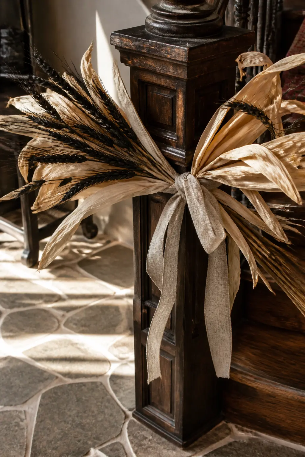 Dried Corn Husk and Black Wheat Swag — Bundle dried corn husks with stems of black wheat and tie the bundle with a wide strip of raw cotton or linen, then hang