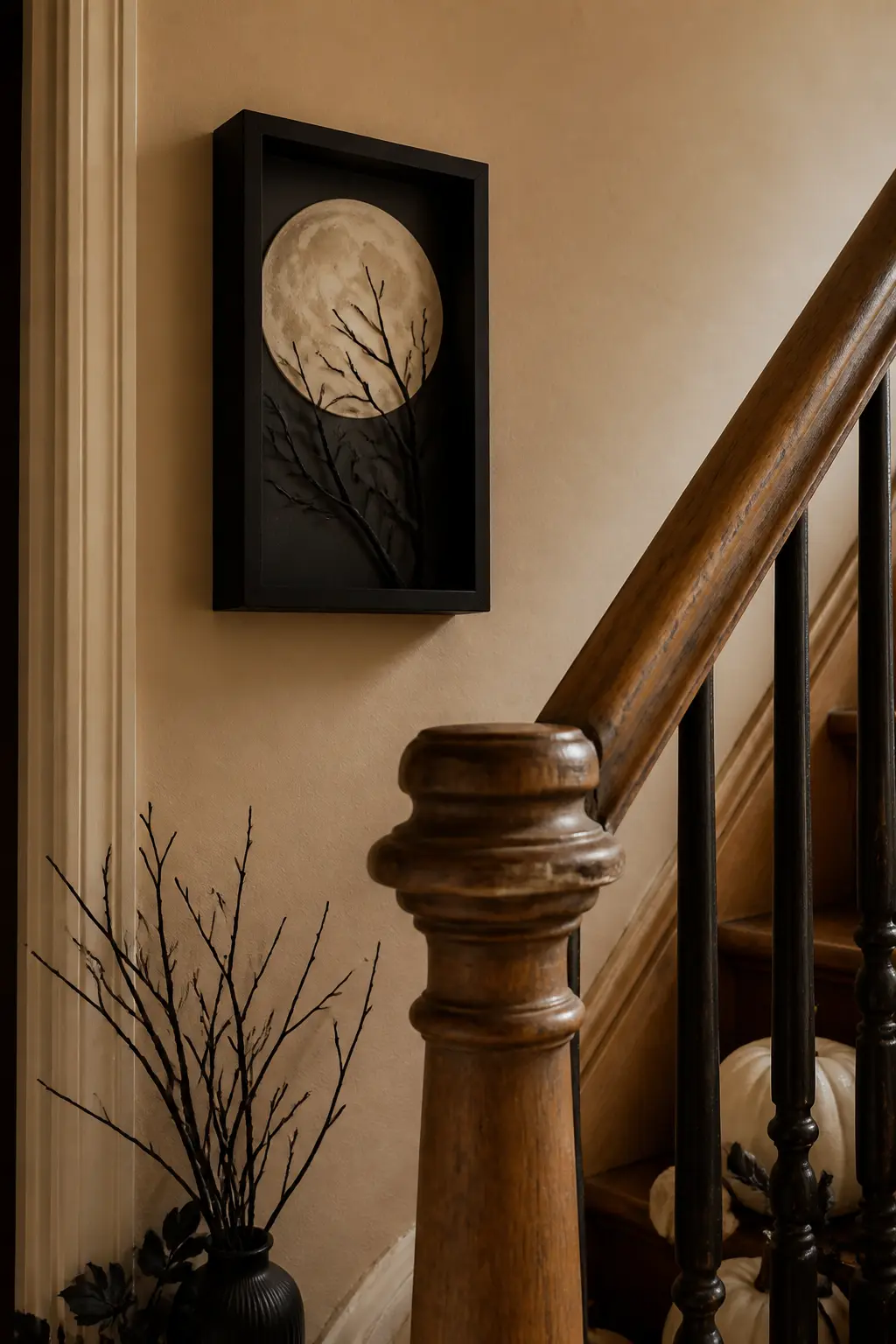 Full Moon Newel Post Shadow Box — Mount a shallow shadow box on the wall directly behind the newel post at the bottom of the stairs. Halloween staircase
