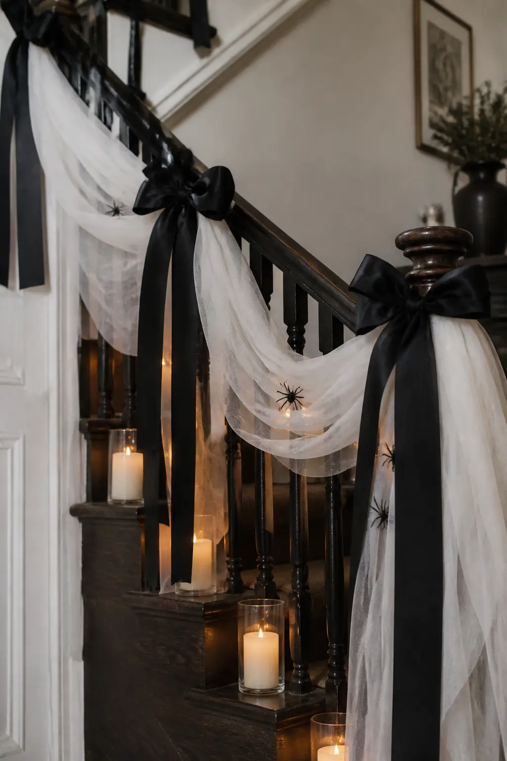 Ghost Tulle Swag with Black Bow — Cut wide white tulle into two-metre panels and gather each one at the top with a wide black satin ribbon tied into a bow.