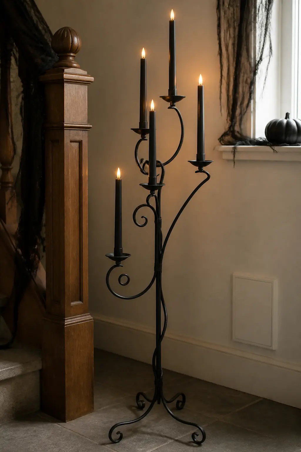 Iron Candelabra Floor Stand at the Newel — A tall wrought iron floor candelabra placed beside the newel post at the foot of the stairs adds immediate vertical