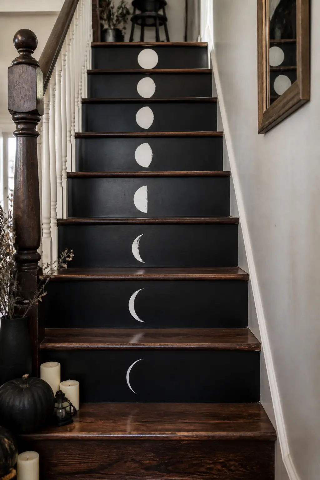 Moon Phase Riser Strip — Print or cut eight moon phases, new moon through full moon and back, in white on black paper, and paste one phase to each riser so the