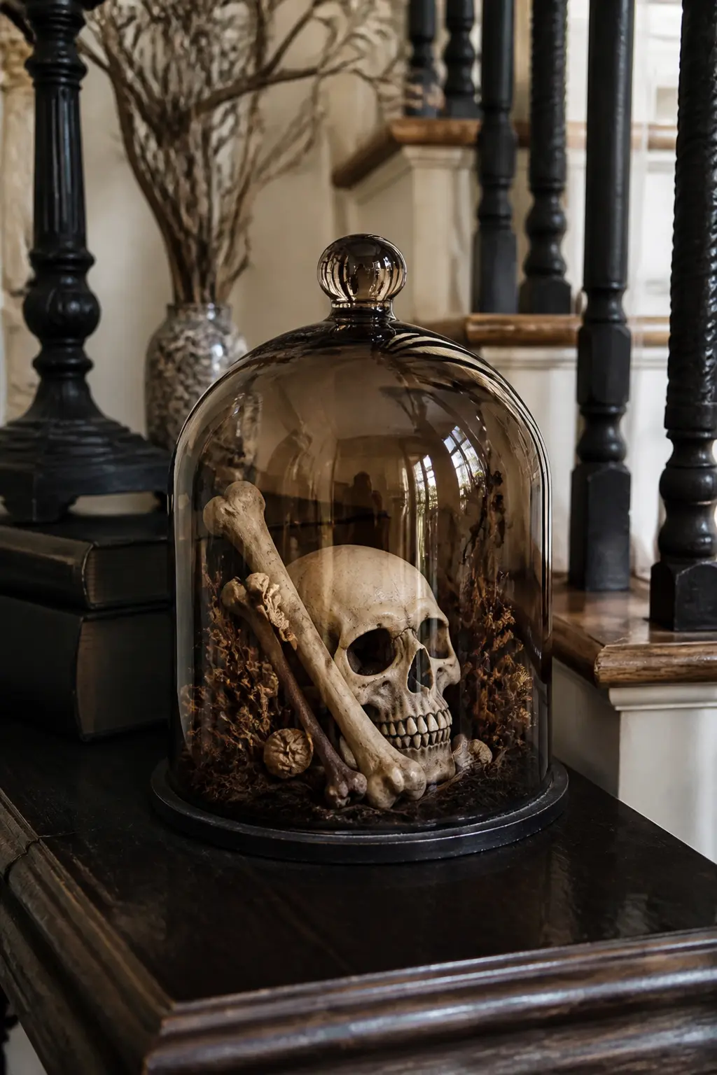 Smoked Glass Dome with Bones — Place a smoked glass cloche or dome over an arrangement of faux bones, dried botanicals, and a small skull on the newel post cap