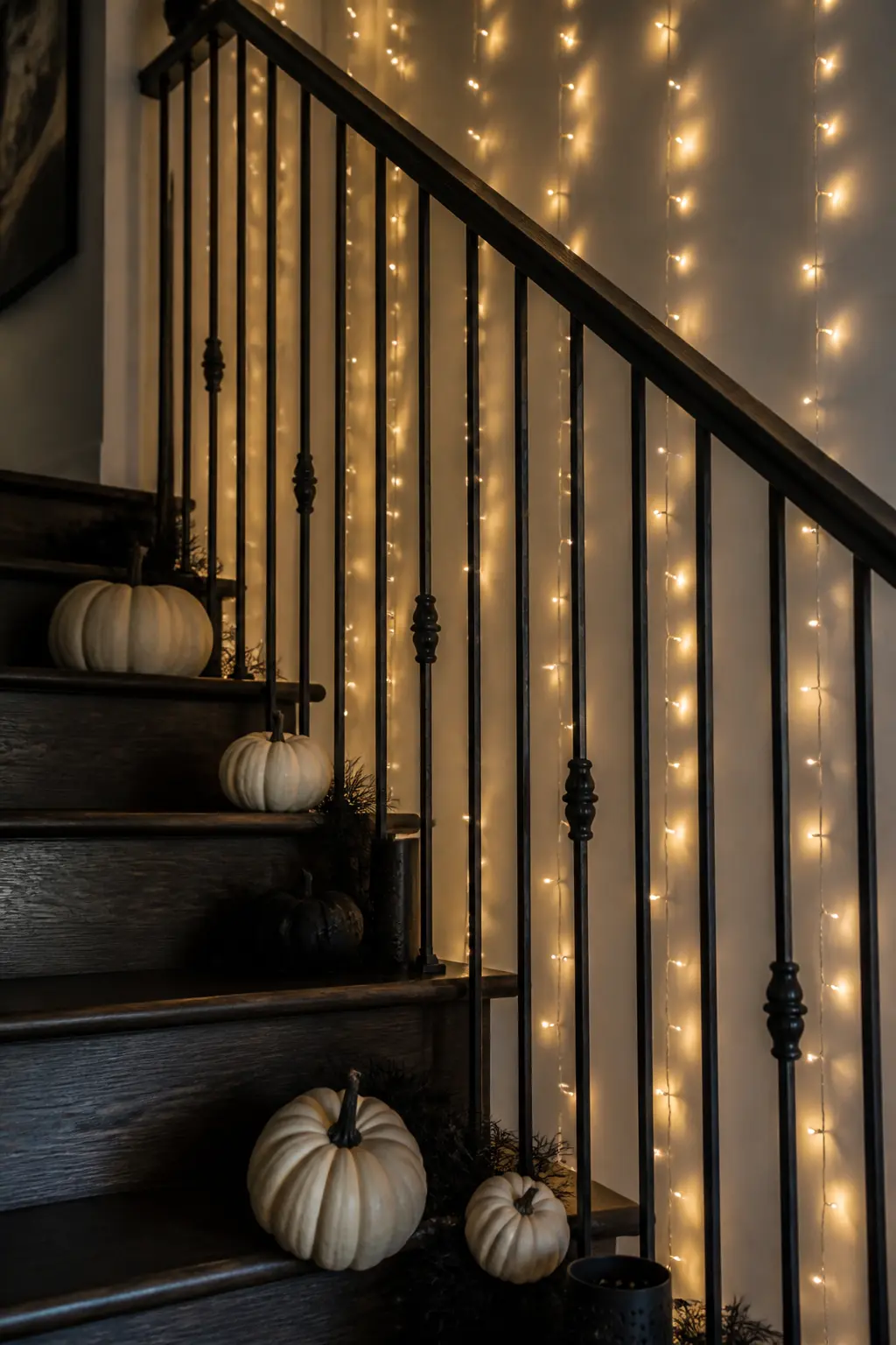 String Light Curtain Behind the Banister — Hang a curtain of warm white fairy lights vertically on the wall behind the staircase so the lights fall between the