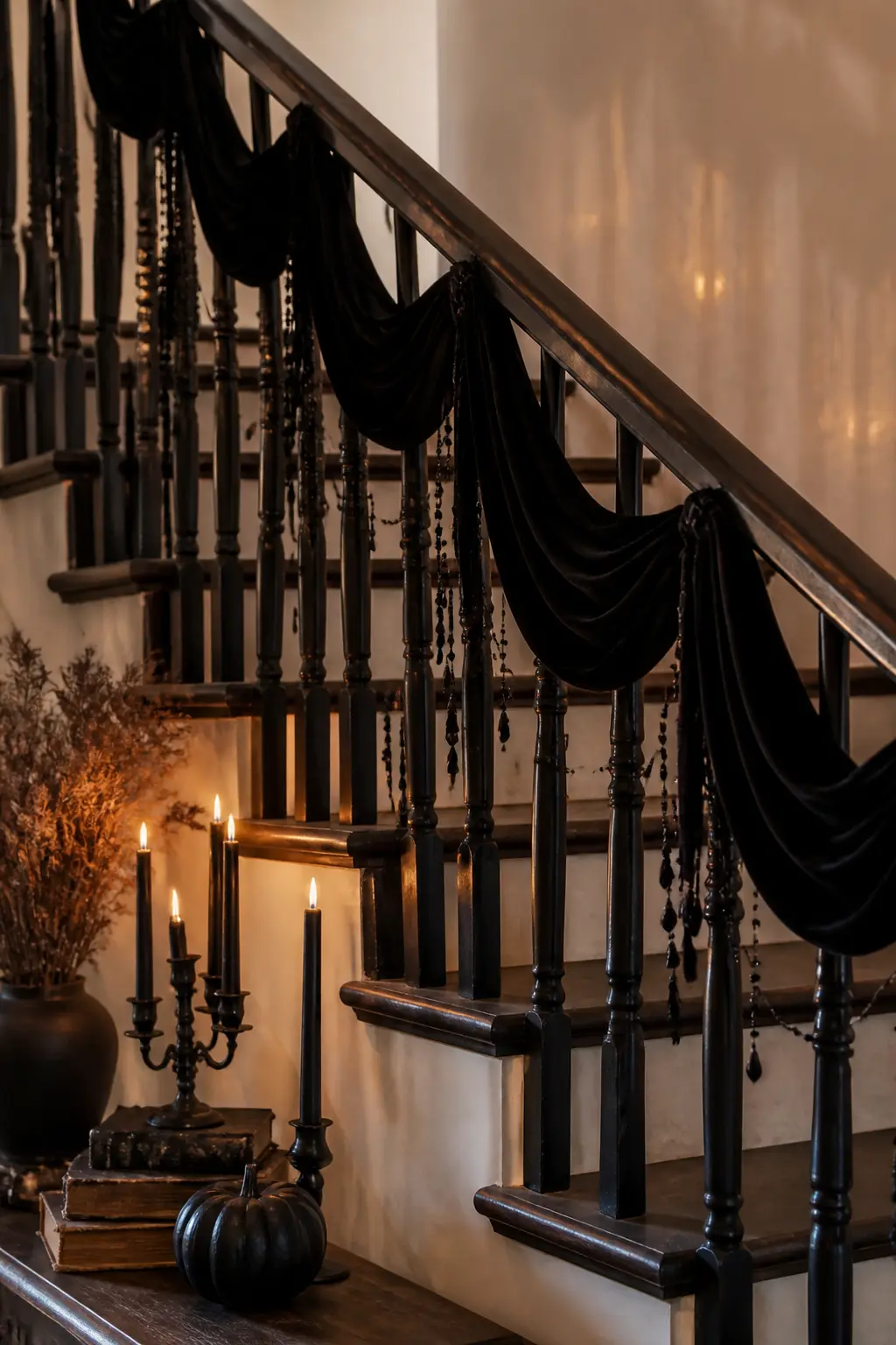 Velvet Ribbon and Crystal Droplet Swag — Loop a double strand of wide black velvet ribbon along the banister in gentle swags, and hang short lengths of dark