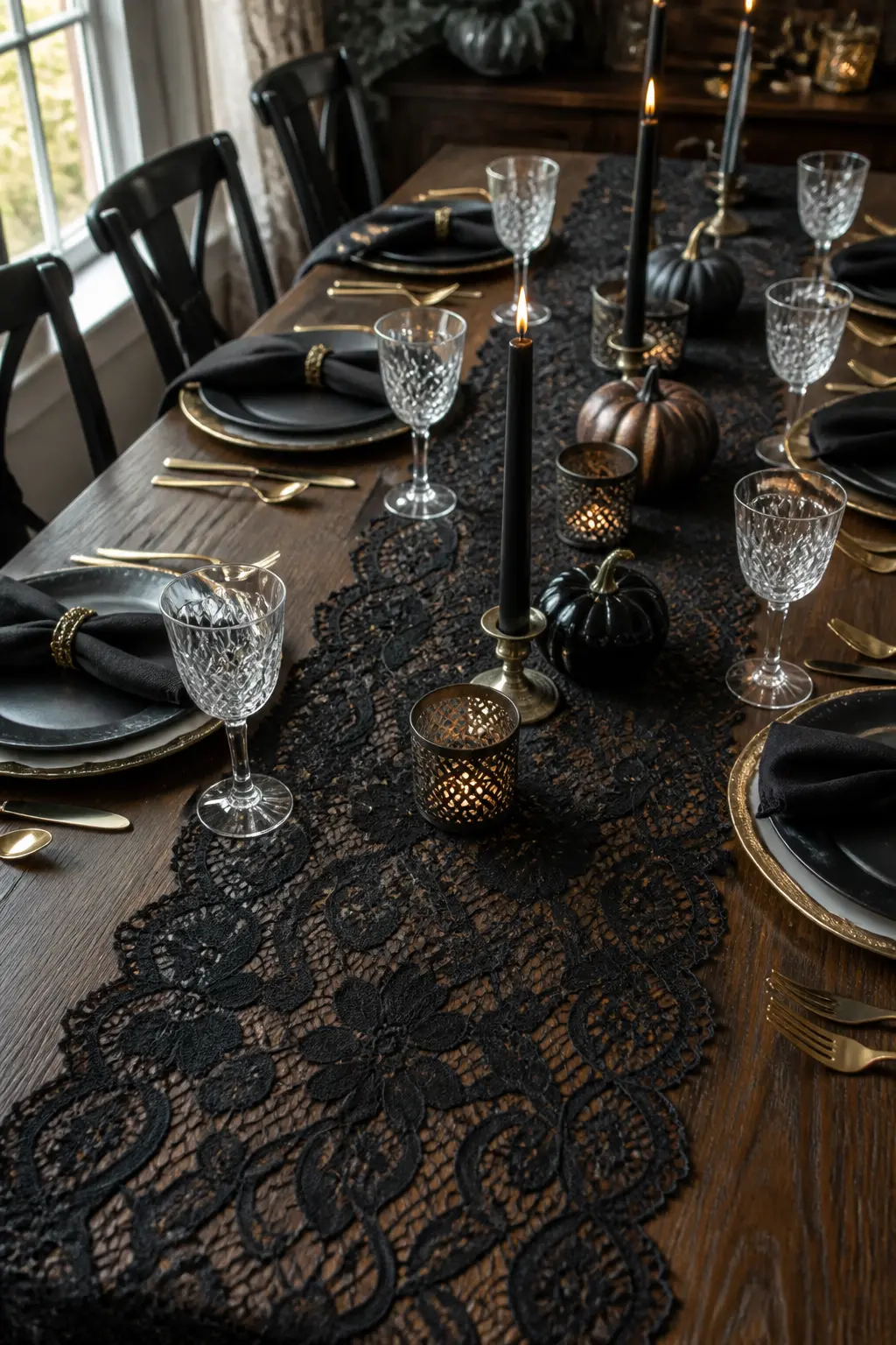 Black Lace Runner Over a Bare Table