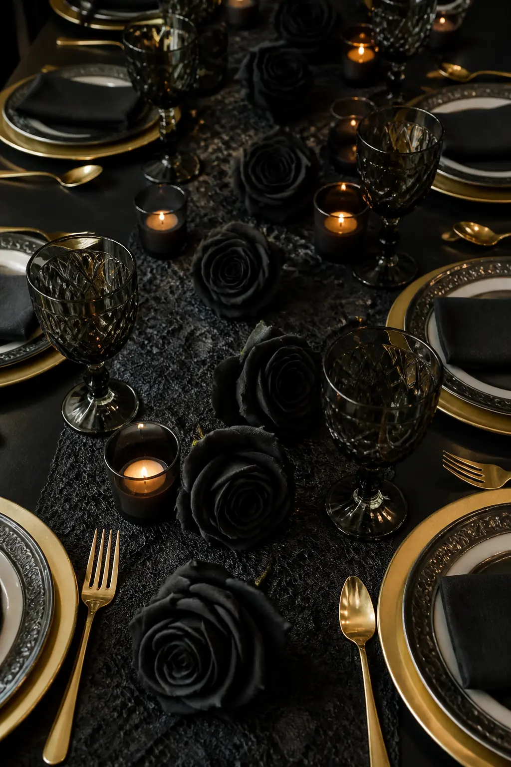 Black Roses Laid Flat Between the Place Settings