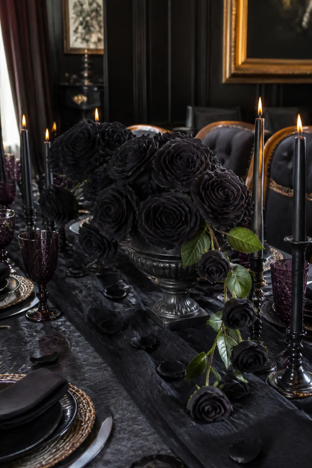 Black Roses Trailing from a Footed Bowl