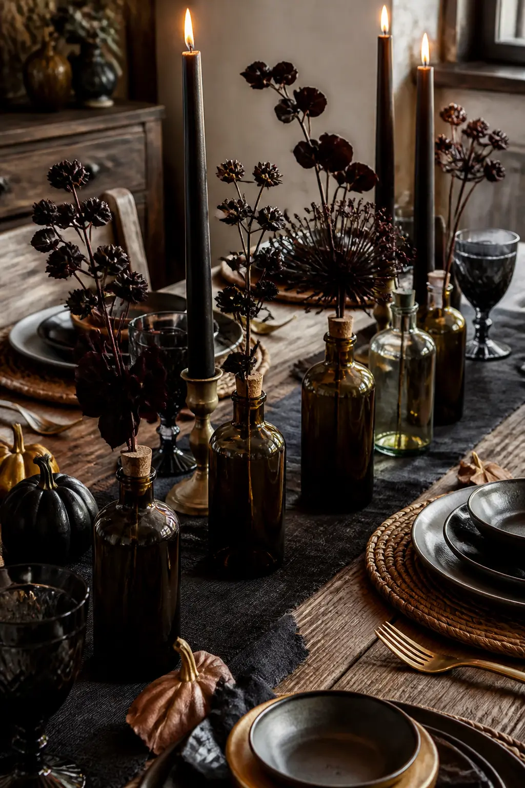 Corked Glass Bottles as Small Vases Along the Length