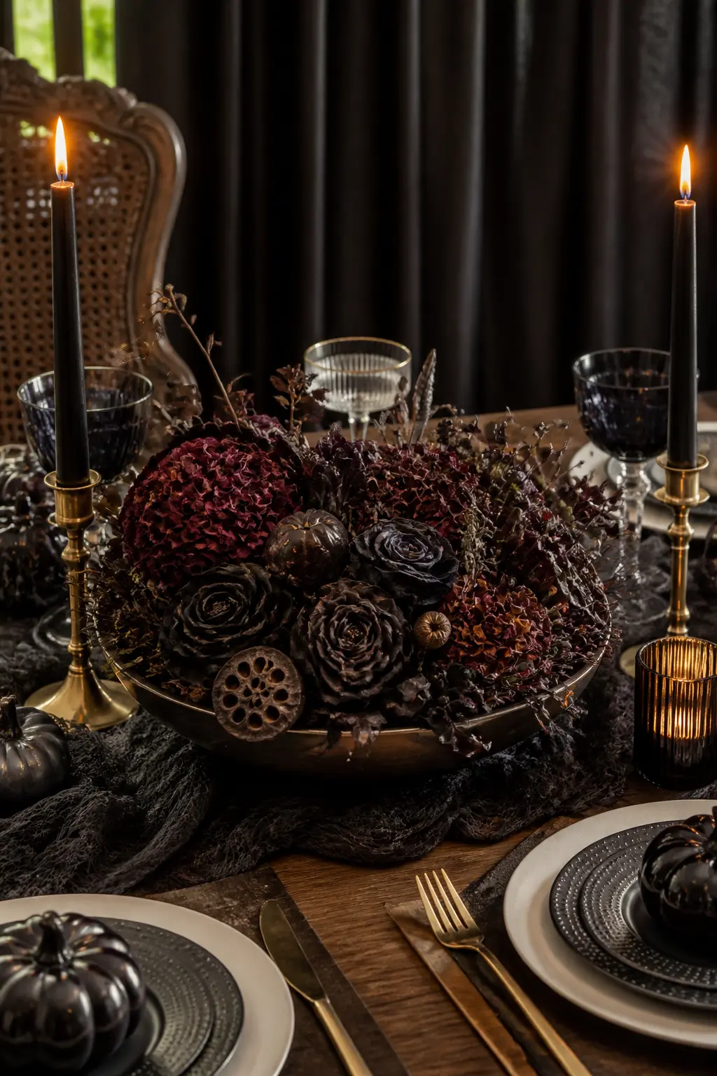 Dark Dried Florals Kept Low in a Shallow Bowl