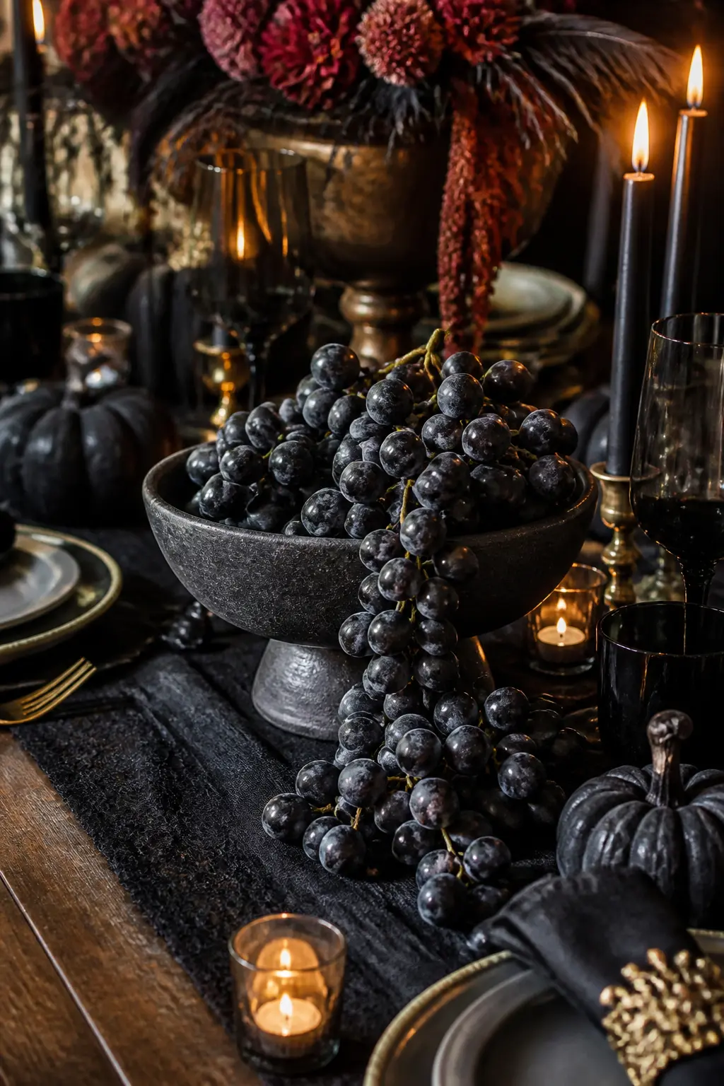 Dark Grapes Spilling from a Low Footed Bowl