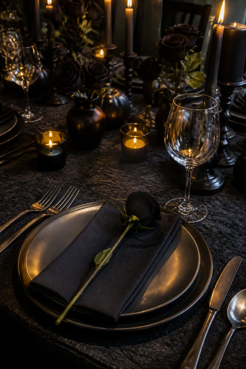 Single Dark Stem Laid Across Each Folded Napkin