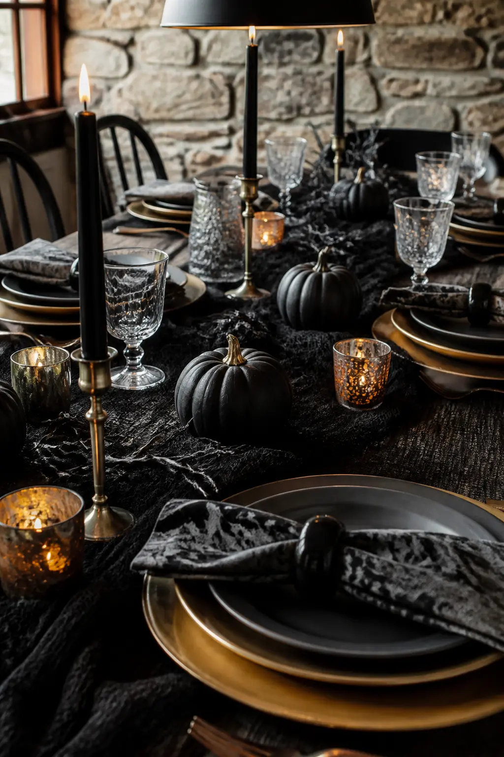 Small Black Pumpkins Spaced Between Settings