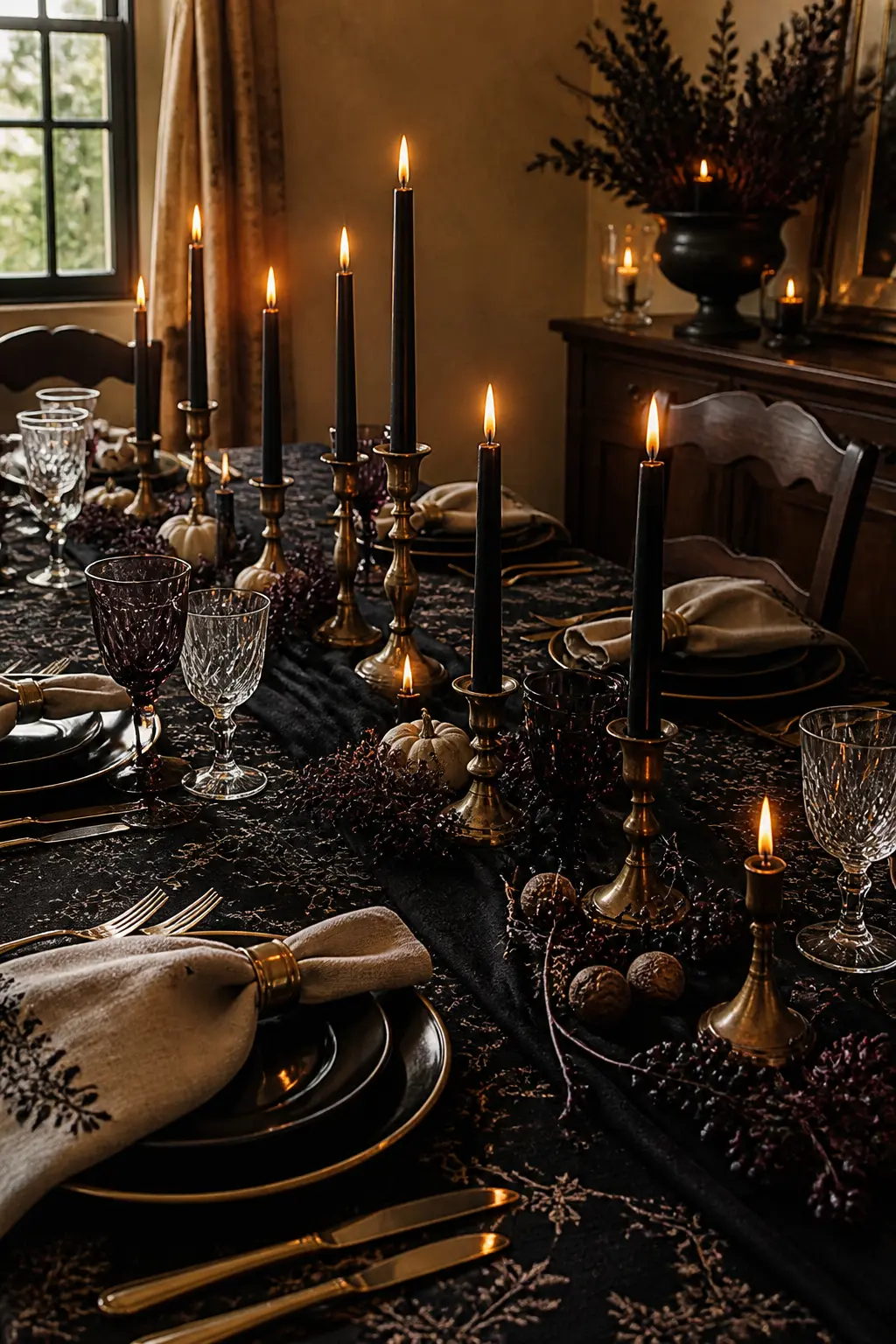Taper Candles in Mismatched Brass Holders at Low Height