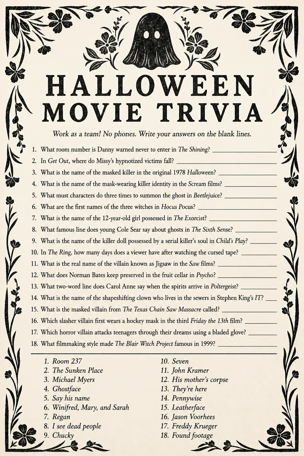 Halloween Movie Trivia printable