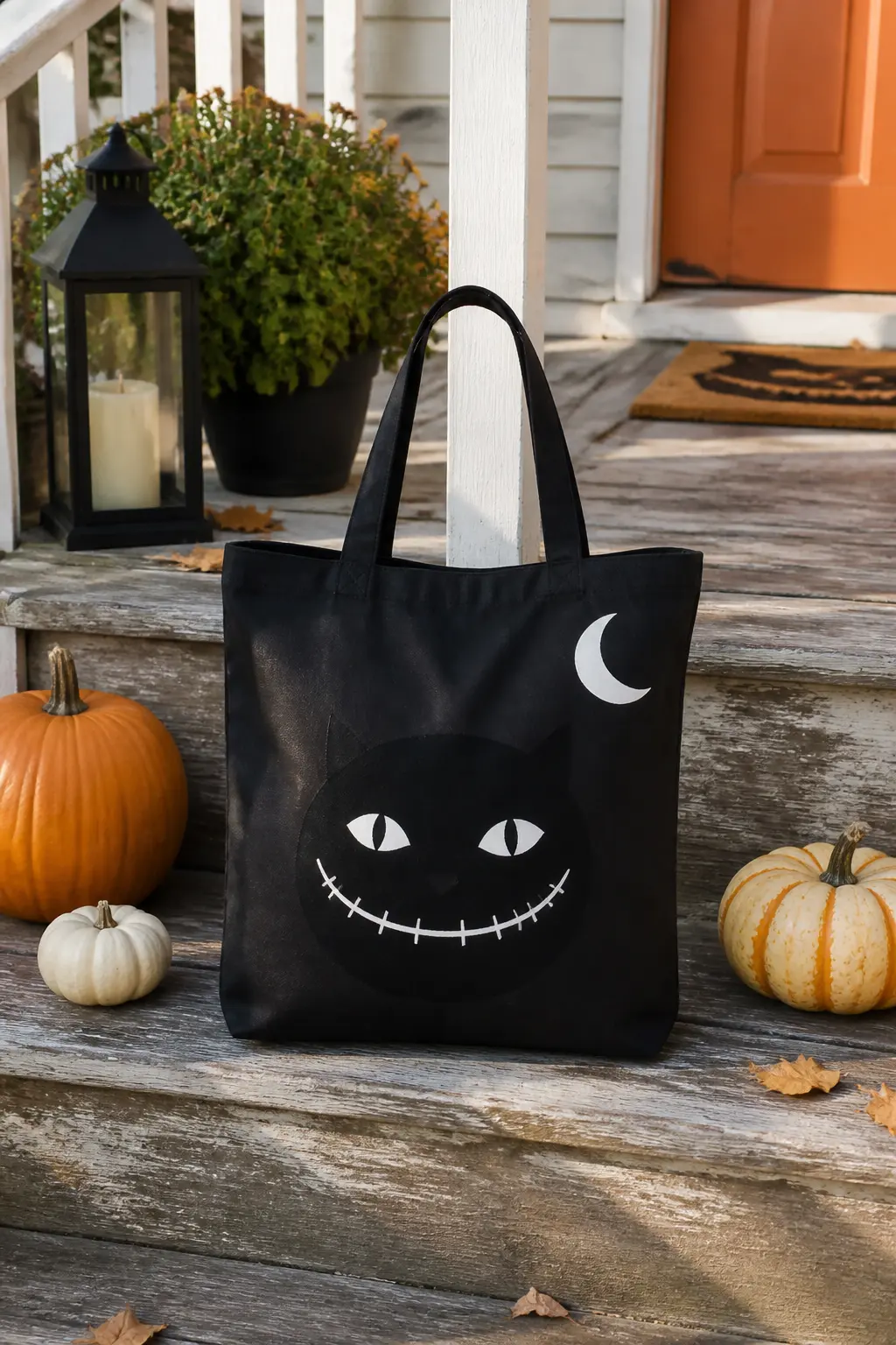 Black Cat With a Stitched Smile — Paint a rounded black cat head with two pointed ears, wide white eyes with slit pupils and a stitched grin made from short