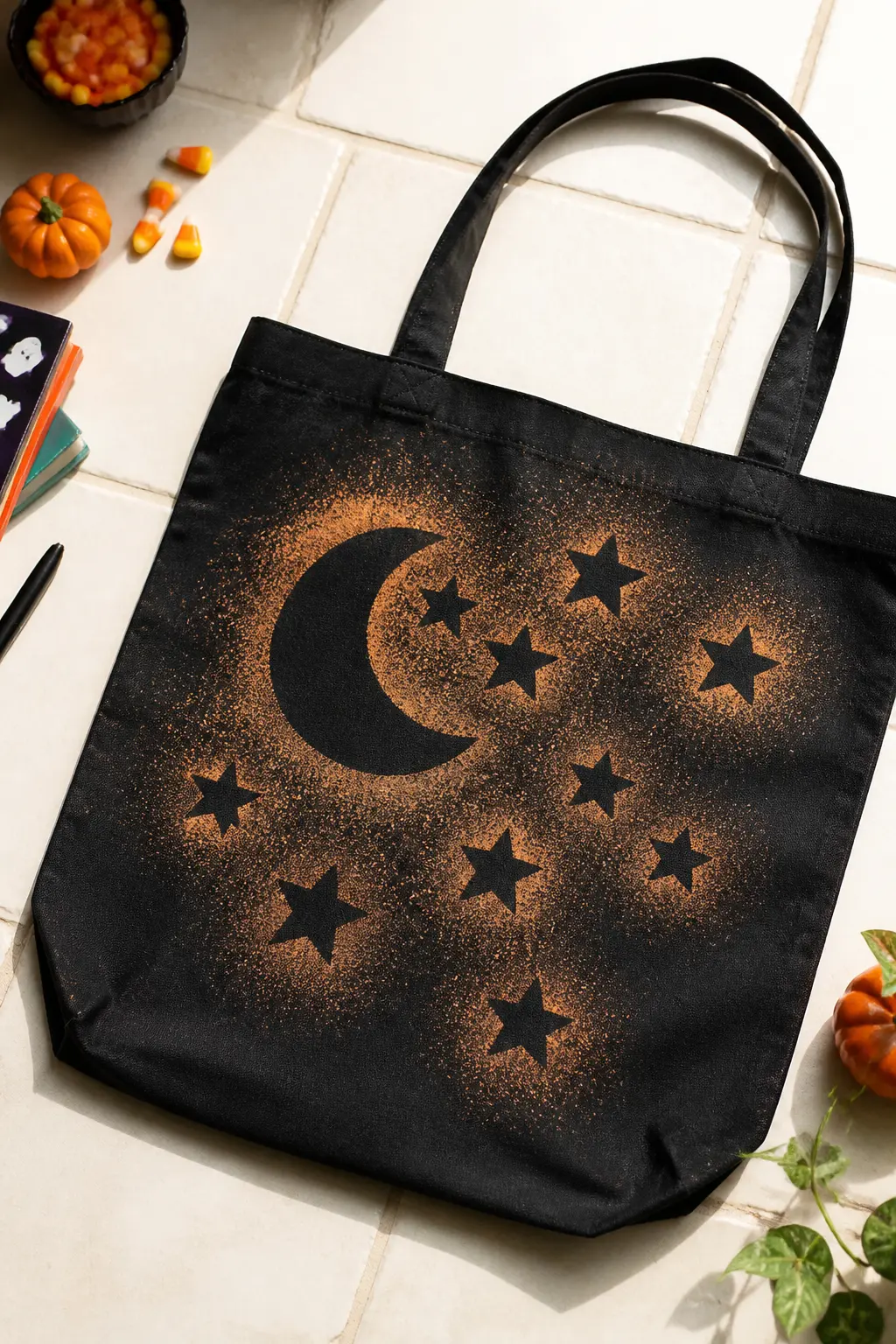 Bleach Pen Moon and Stars on Black Canvas — Tape crescent moon and star shapes cut from card stock onto a black canvas tote, covering the areas you want to