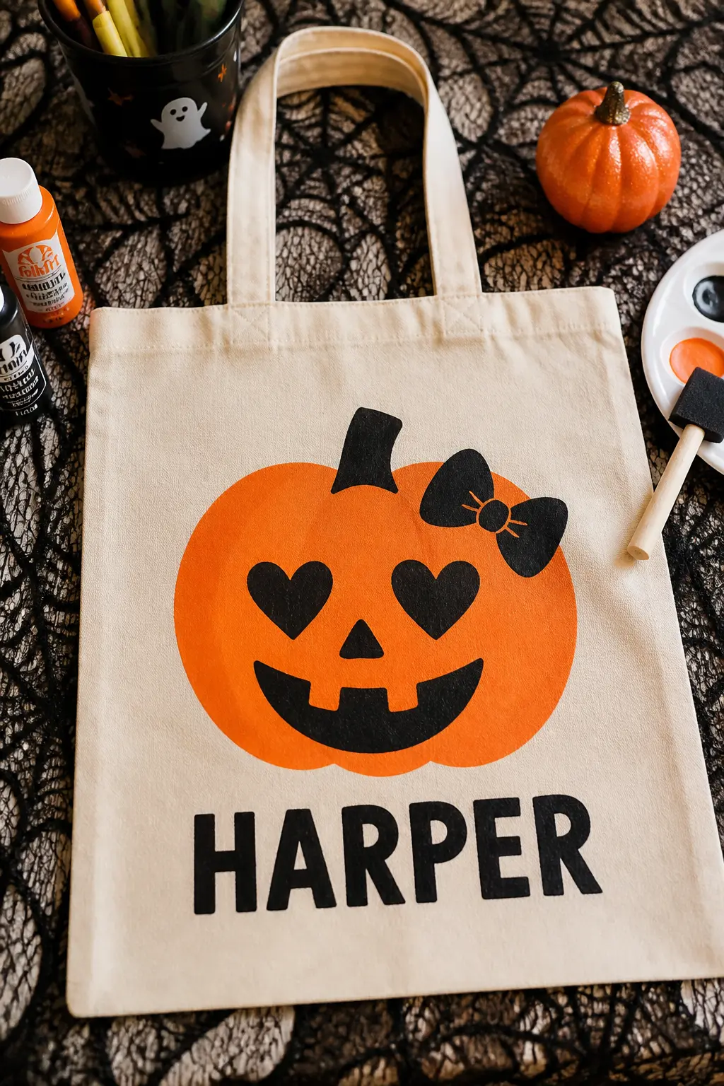 Bold Pumpkin Face With a Name Underneath — Paint a round orange pumpkin in the centre of the bag, keeping the shape simple: a circle, a rough triangle for the