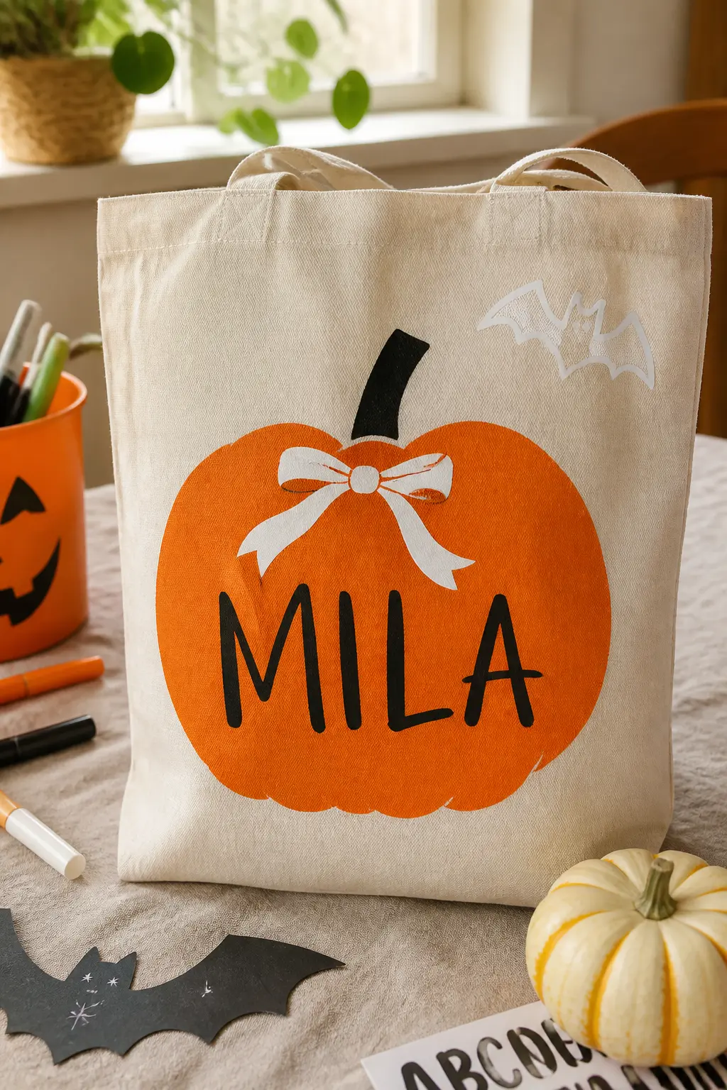 Custom-Printed Pumpkin With Bow, Name Added by Hand — Order a custom canvas tote printed with a pumpkin face and a bow, personalised with the child's name.