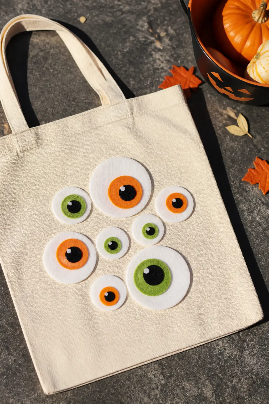 Felt Eyeball Cluster — Cut five to seven circles of varying sizes from white felt. Halloween tote bags diy