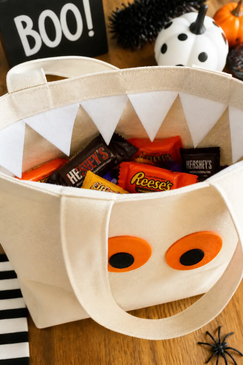 Felt Monster Teeth Along the Bag Opening — Cut a row of triangle teeth from white felt and glue them along the inside of the bag's top opening so they point