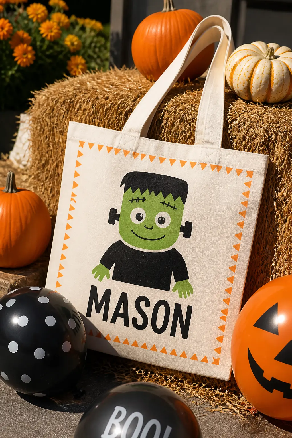 Frankenstein Monster Printed Tote With Hand-Stamped Border — Start with a custom-printed Frankenstein tote, name and all. Halloween tote bags diy