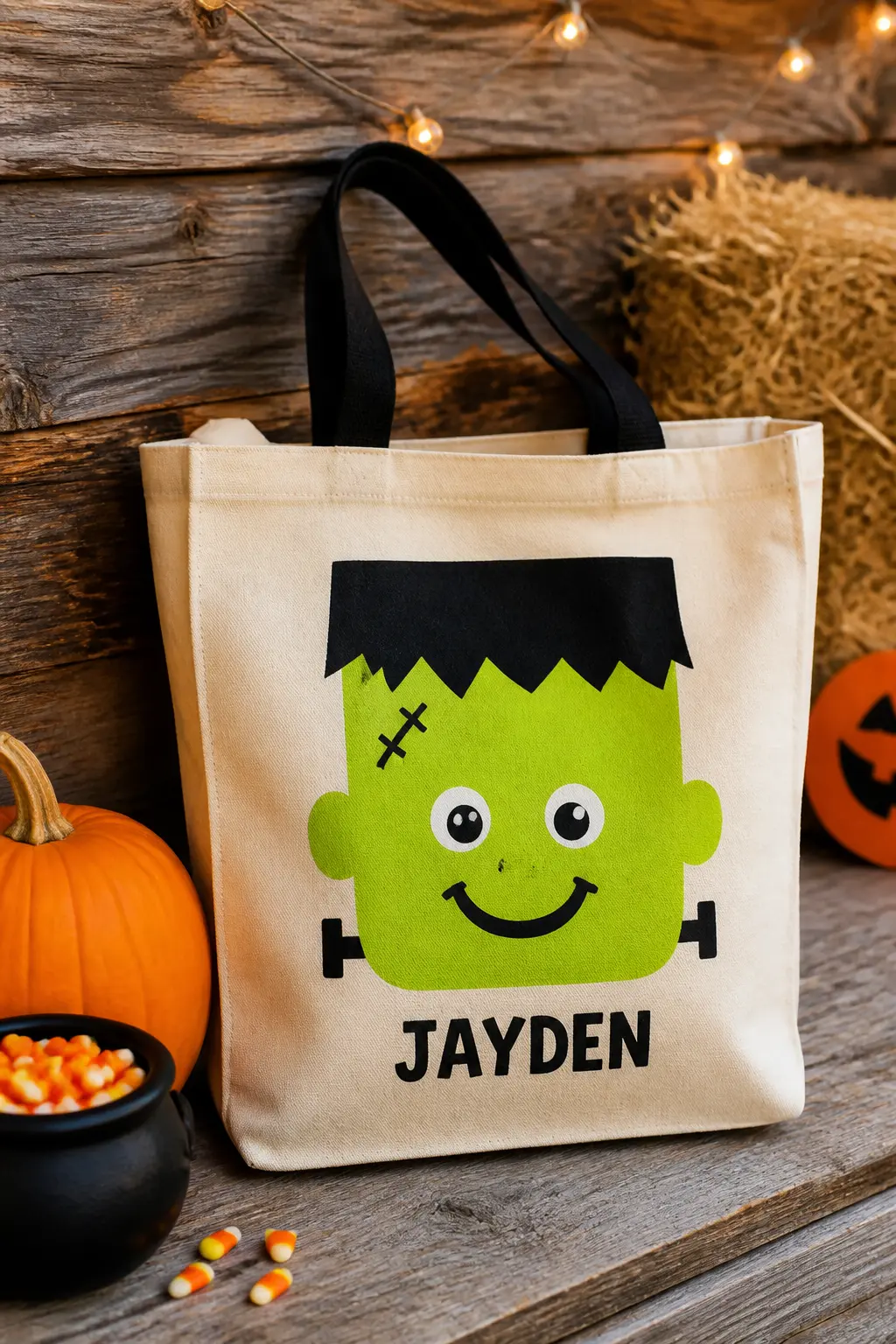 Friendly Frankenstein Head in Lime Green — Mix lime green and a touch of yellow fabric paint to get that specific monster green, then block in a square head
