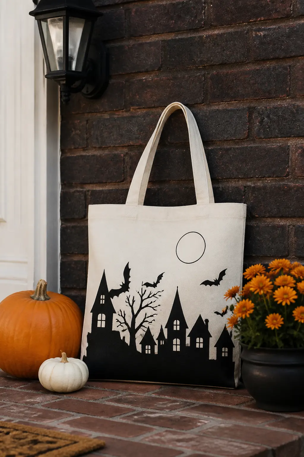 Haunted House Skyline — Draw a row of silhouetted haunted house shapes across the lower third of the bag in black fabric marker: pointed roofs, arched windows