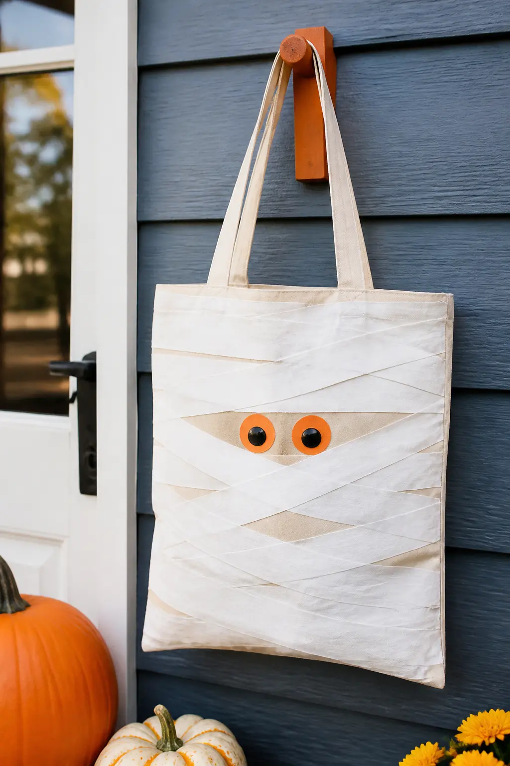 Mummy Wrap With Googly Eyes — Cover the entire front panel in overlapping horizontal white strips painted with a medium flat brush, leaving small gaps of
