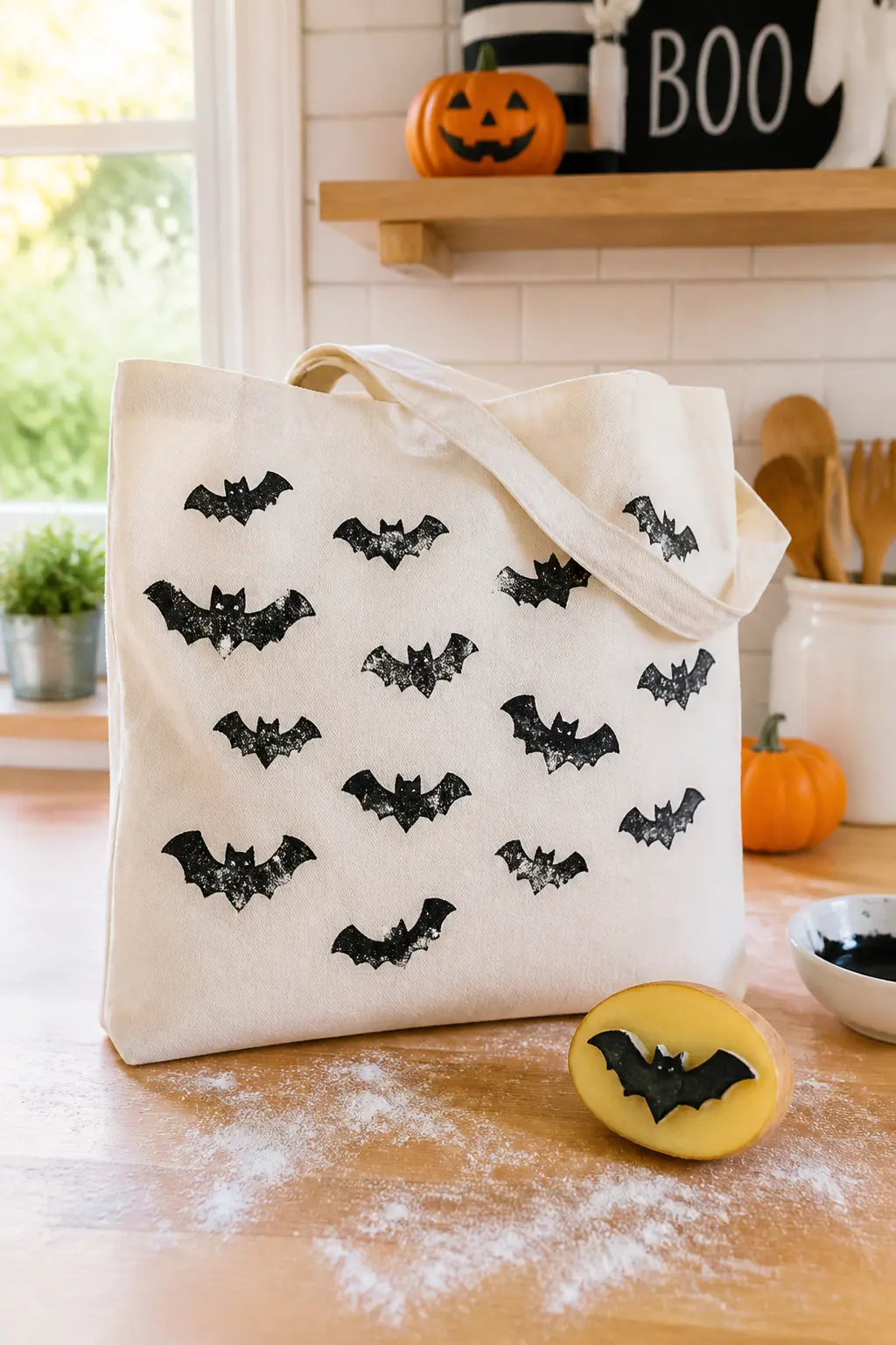 Potato-Print Bat Colony — Cut a small potato in half and carve a bat shape into the flat face: two curved wings, a small oval body. Halloween tote bags diy