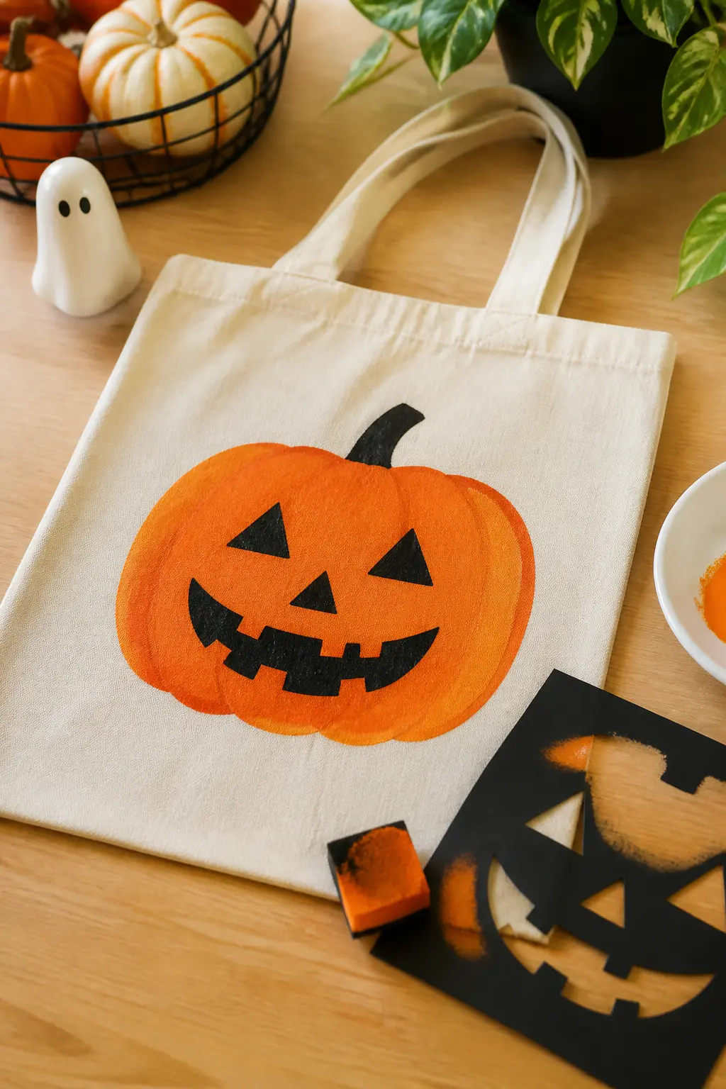 Pumpkin Face Stencil With Sponge-Dabbed Paint — Print a pumpkin outline and face details on card stock and cut each element separately: the round body first