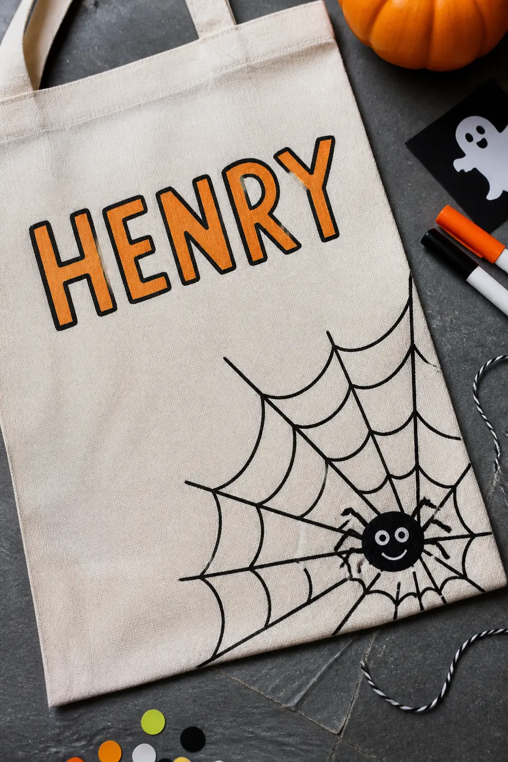 Spider Web Corner Detail With Name Tag — Draw a classic spider web radiating from the lower right corner of the bag using a fine black fabric marker. Halloween