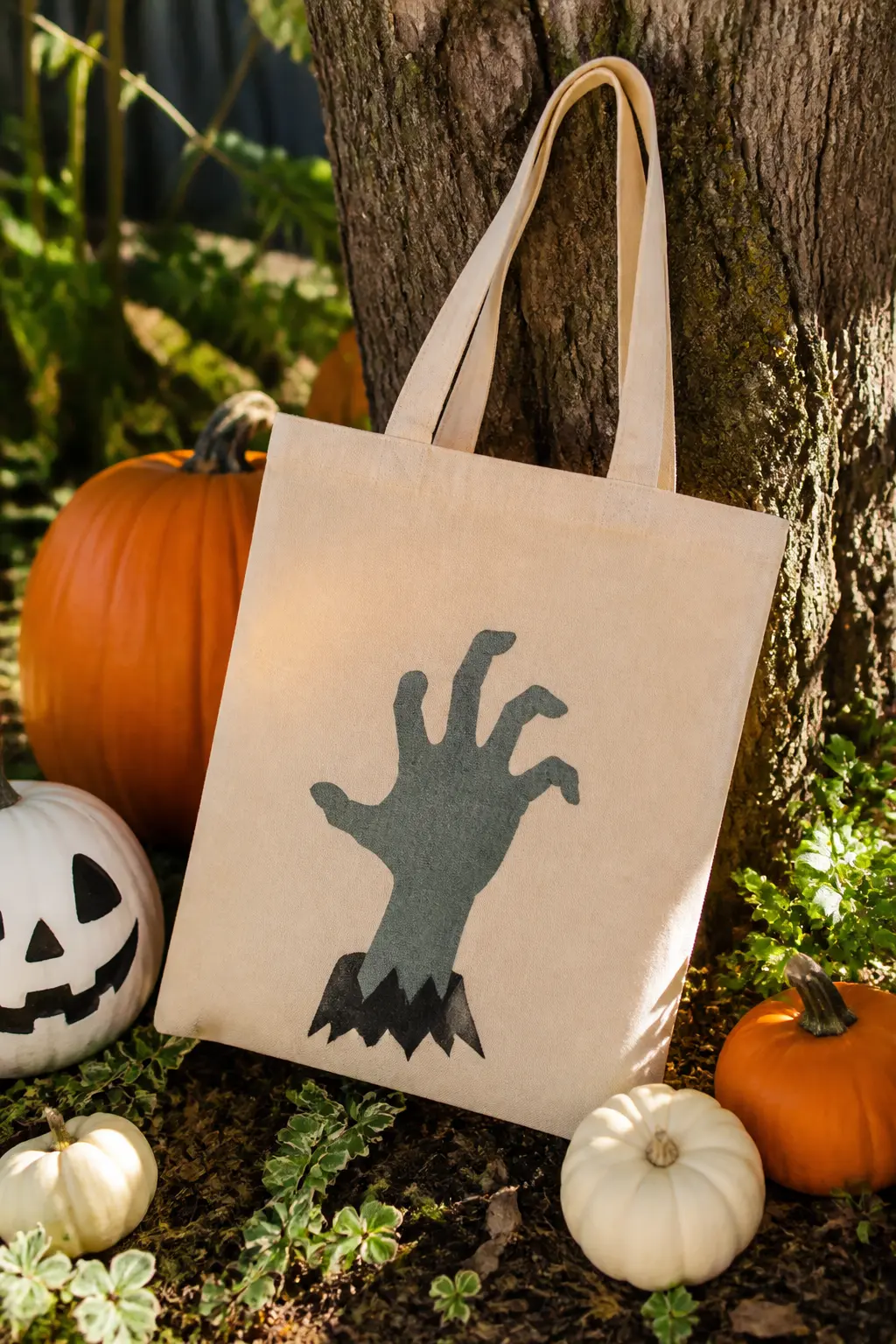 Zombie Hand Reaching From the Bottom — Trace a child's own hand on card stock to make the stencil, then cut it out and use it to sponge a grey-green zombie