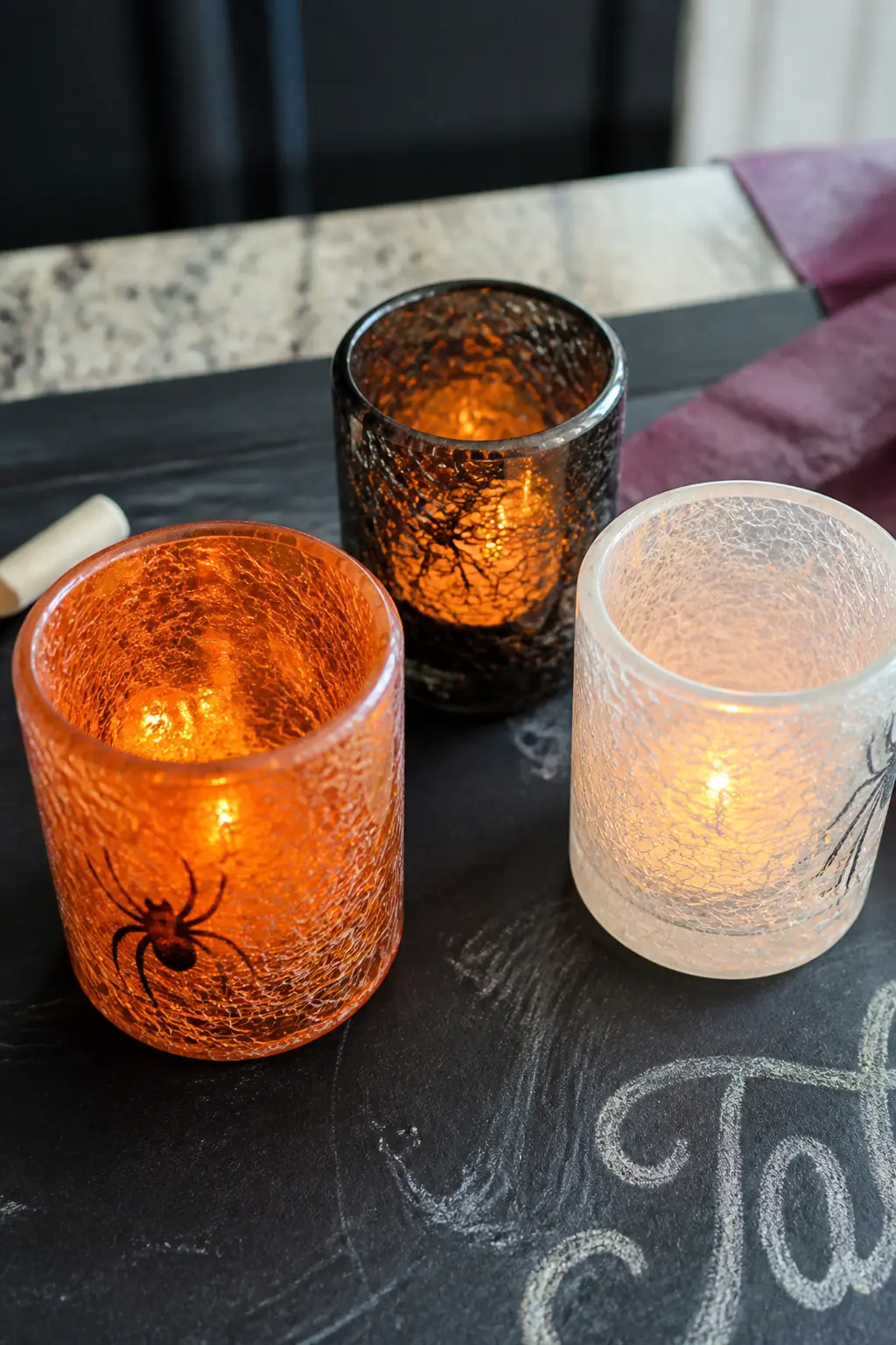 Crackle-Glaze Votive Tumbler — This one recreates the mottled, marbled texture seen on high-end Halloween votives, on a plain glass tumbler you already own.
