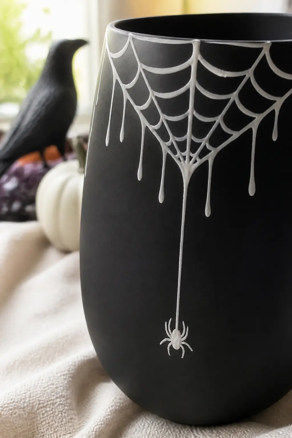 Dripping Spider Web — Paint a white spider web that starts at the rim and drips down the outside of a matte-black glass tumbler, as though the web is melting.