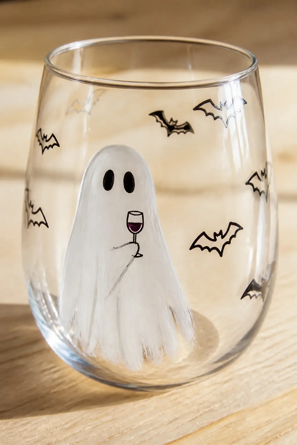Ghost Holding a Tiny Wine Glass — Draw a simple sheet ghost in white Posca on a clear stemless glass, two hollow ovals for eyes, a wavy hem at the bottom.