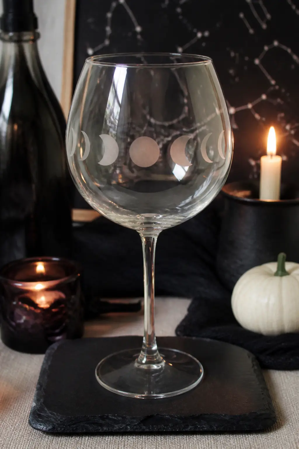 Moon Phase Strip — A horizontal band of frosted moon phases running around the widest point of a balloon wine glass. Halloween wine glasses diy